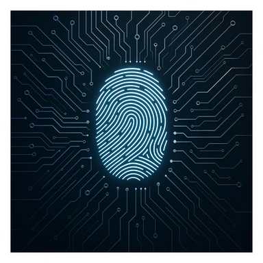 cybersecurity domain, fingerprint scan with circuit lines, sleek style sticker