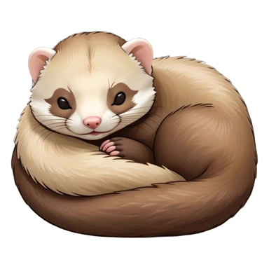 Meme-Worthy Cute Sleeping sable ferret Portrait Emoji, Head resting peacefully with a contented smile, showcasing a long, flexible body curled up in cozy repose, luxuriously soft fur in warm brown and cream, and eyes gently closed in serene slumber, Simplified yet hilariously adorable features, highly detailed, glowing with a soft, drowsy natural light, high shine, relaxed and utterly lovable, stylized with an air of playful laziness, bright and heartwarming, soft glowing outline, capturing the essence of a sleeping sable ferret that feels destined to become the next viral sensation of adorable rest! sticker