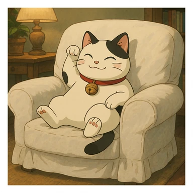 White and black Chinese lucky cat on a cozy white armchair  sticker