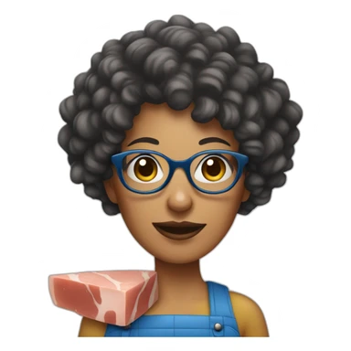 woman with blue curly hair and glasses holding a ham sticker