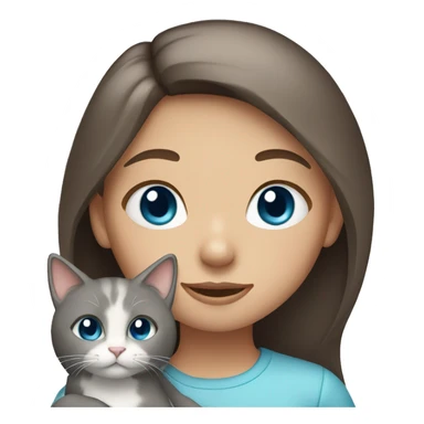 Girl with long brown hair and blue eyes holding a gray cat sticker