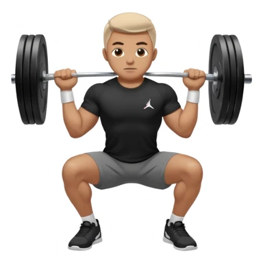 Hombre vestido con playera negra, pants gris y tenis blancos tipo jordan haciendo sentadilla libre con barra con un disco de 20 kilos por lado  sticker