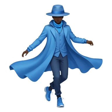 Male silhouette composed of blue ethereal flowing energy with minimal floating wardrobe pieces like hat, jacket and shoes orbiting around it, no facial features sticker