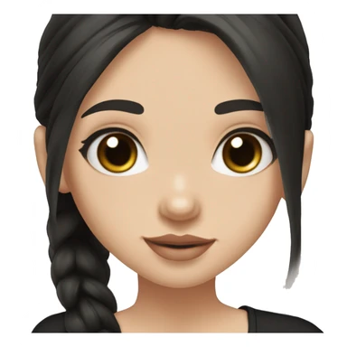 Slavic girl, light skin, long eye lashes, pink beige lips, brown eyes, long black straight hair , black T-shirt, chibi, smiling. sticker