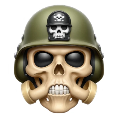 A bold emoji-style skull wearing a realistic army helmet,shushing . Clean vector style, high contrast, centered composition, modern emoji aesthetic, detailed helmet texture, confident and intense expression, 3D glossy finish, high resolution , no body , finger shuting is mouth sticker