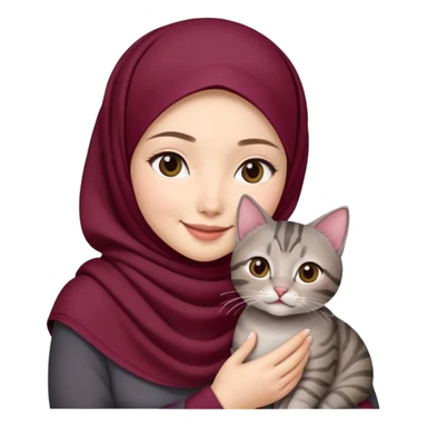 Asian white girl wearing  maroon hijab holding a black grey tabby cat while smiling sticker