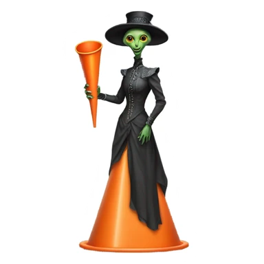 alien galora in Victorian dress elegant, full body, holding big traffic cone sticker
