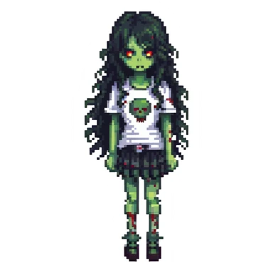 girl zombie with black long curly hair, emo style sticker