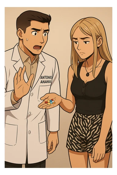 fai un webtoon/manga a colori con questo kinesiologo in camice bianco (fagli la scritta "ANTONIO ANANIA" SUL CAMICE) CHE PARLA CON QUESTA RAGAZZA. LA RAGAZZA HA UN PUGNO DI INTEGRATORI IN MANO (TANTE PILLOLE DIVERSE) E LE GUARDA DUBBIOSA. IL KINESIOLOGO CON IL CAMICE BIANCO LE DOMANDA UNA COSA SCIOCCATO. NON FARE I FUMETTI, FAI SOLO LORO COME SE DIALOGASSERO sticker