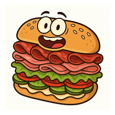 cartoon Italian sub with sesame seed bun, stacked meats and veggies, vibrant, exaggerated proportions, isolated on white background sticker