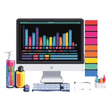 iMac computer with colorful bar charts and beauty products inside the screen sticker