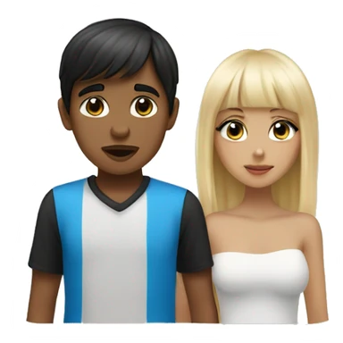 Tan skin girl with black hair and bangs, white skin boy with blonde hair and blue eyes, kissing sticker