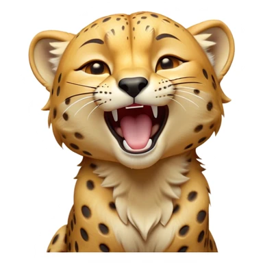Cinematic Cute Yawning Cheetah Portrait Emoji, Head tilted slightly with a dramatic, wide-open yawn, showcasing a soft, sleek golden Fur with distinctive spots and floppy ears slightly drooping, round amber eyes barely open in drowsy contentment, Simplified yet irresistibly adorable features, highly detailed, glowing with a soft, cozy glow, high shine, relaxed yet expressive, stylized with a touch of savannah whimsy, bright and endearing, soft glowing outline, capturing the essence of a sleepy yet affectionate cheetah, so drowsy it feels like it could stretch right out of the screen and curl up for a nap! sticker