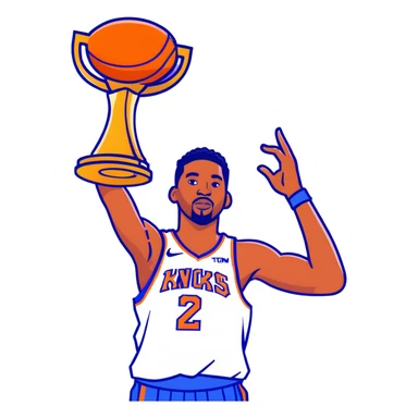 New York Knicks basketball player celebrating with NBA championship trophy, confetti, blue and orange sticker