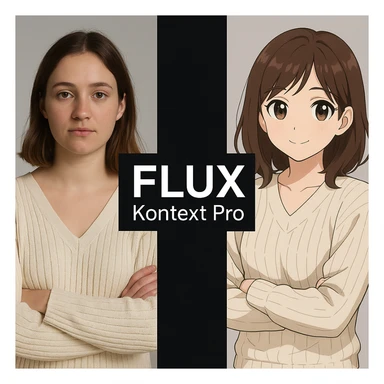 create before after image of a girl before is realsitic photo, after is anime version of her in same pose and clothes, add logo with text of a "FLUX Kontext Pro" in middle in big, black background sticker
