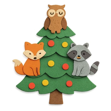 pine tree decorated with woodland critters in paper-craft style sticker