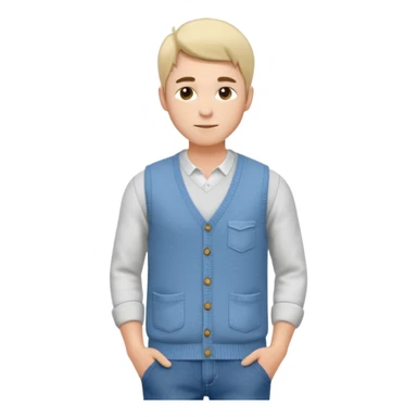 Молодой человек. Он одет в светлый вязаный жилет с V-образным вырезом поверх белой длинной рубашки с длинными рукавами. На нем также синие джинсовые брюки с большими накладными карманами. Фон минималистичный, светло-серый, с простым дизайном, подчеркивающим одежду и позу модели. sticker