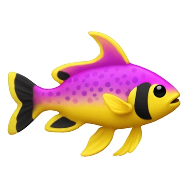 tiny fish with purpleish pink front half, neon yellow back half and black dot on top fin sticker