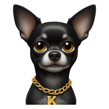 Black chihuahua wearing golden chain with letter k sticker