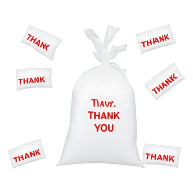 White plastic bag word thank you written on it in red on it repeated 3 times  sticker