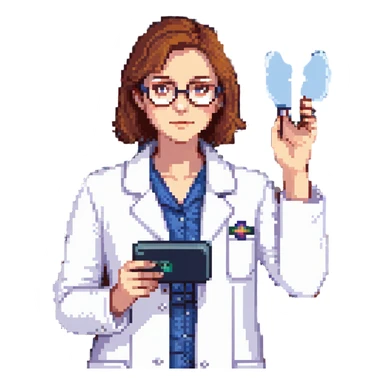 Flat pixel art, a female chemist, wearing glasses, white lab coat over indigo shirt, focusing on lab experiment, holding a flash in her right hand, waist-up, front-facing sticker