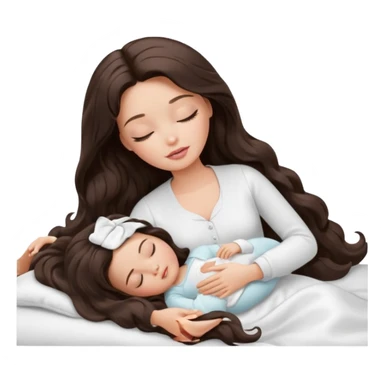 White Barbie girl dark brown long wavy hair in white clothes sleeping with white baby at cream bed, eyes are closed sticker
