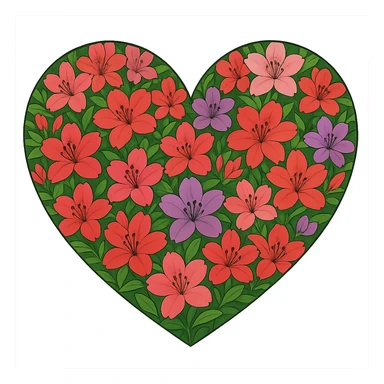 heart with a vibrant azalea garden, clean digital illustration sticker