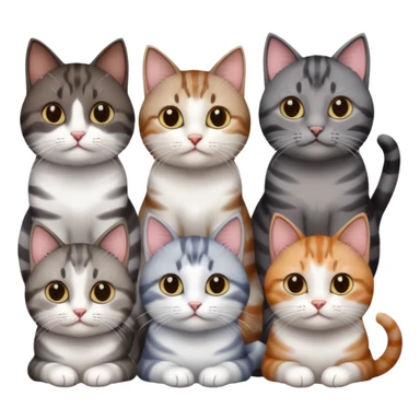 4 different coloured short haired cats including; a dark brown tabby and white cat, and a dark grey and white  sticker