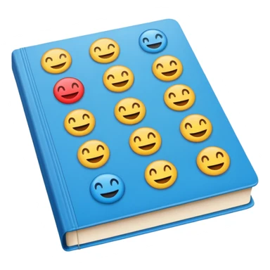 A textbook with the letters of "emoji" on its cover, where the word "emoji" is split into multiple individual letters for use. sticker