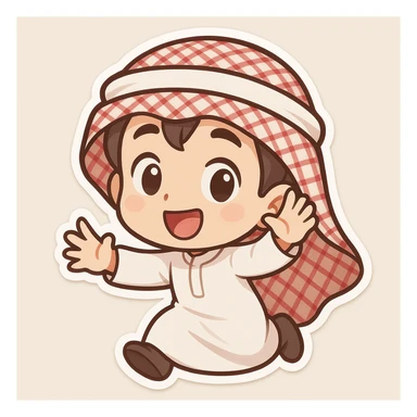 cartoon boy with a red and white shemagh, cute style, playful pose, chibi style sticker