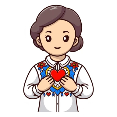 beautiful young girl in a white Ukrainian embroidered shirt clutching a large embroidered heart sticker