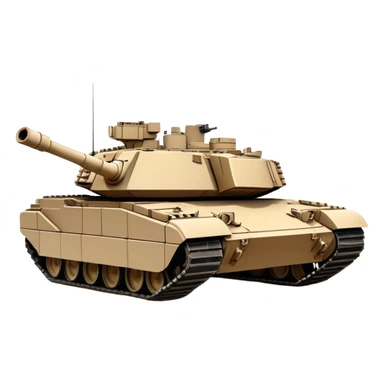 M1 Abrams (2022) – Cinematic-realistic M1 Abrams tank, its imposing desert-tan frame rolling across a war-torn battlefield. The massive 120mm smoothbore cannon swings into position, its engine roaring as it crushes debris under its heavy treads, dust and smoke swirling in the fiery glow of distant explosions. sticker