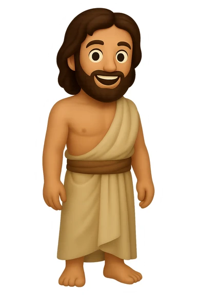 Create a portrait mode image of Apostle Peter in classic emoji style with lighter colors. He should be shirtless with plain robes, a full beard, smiling, and no background. Focus on a classic emoji look with simplified features and lighter color palette. sticker