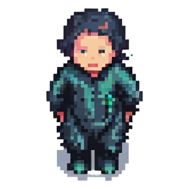 man urinating black liquid, pixel art style sticker