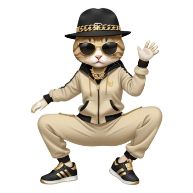 female cat dressed like Run DMC in tracksuit, fedora, Adidas shoes, dark sunglasses, lots of gold chains and bling accessories, break dancing sticker