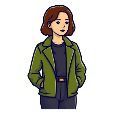 woman wearing dark olive green jacket over a lighter green top sticker