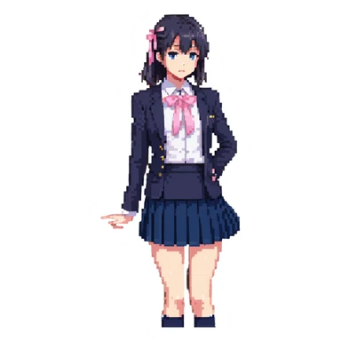 Japanese anime schoolgirl in a navy blazer, white blouse with pink ribbon, navy pleated skirt, standing in a classroom at sunset with orange glow and long shadows, one desk pulled out, black shoes, looking toward window, mood of absence and longing sticker