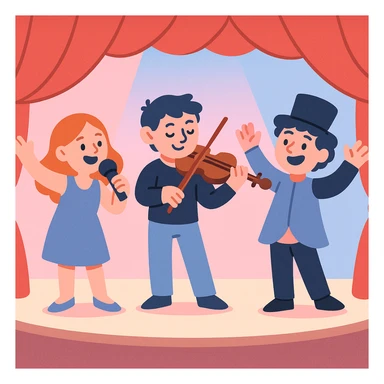 theatre stage with red curtains, pastel pink and blue lighting, gentle and whimsical, modern illustration style sticker