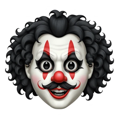 generate white clown mask emoji with a big curly black hair 

black coloured  lips and no teeth, no red nose but instead long and pointy white nose with no nostrils, pitch black eyes with no pupils, no brows sticker