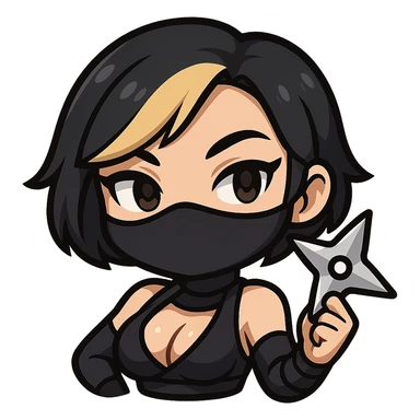 Sexy chibi ninja girl with black short hair and a blonde streak, only head and arms, bold outlines, transparent background, different pose: holding a ninja star in one hand, confident expression, sized for Twitch emoji use. sticker