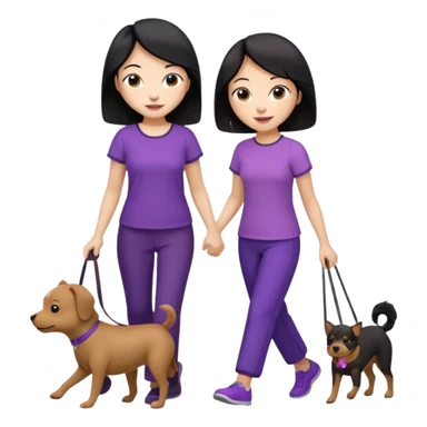 black hair Chinese woman wearing purple top and black pants walking a small brown dog sticker
