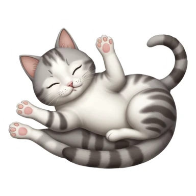 grey and white small cat eyes closed lying down upside down with paws stretched out straight in different directions sticker