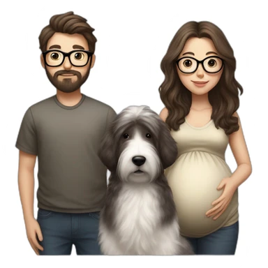 Hyperrealist pregnant girl with half long brown hair with glasses, a boy with long beard, glasses and short hair and english sheepdog sticker