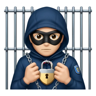 emoji of a masked thief gripping prison bars with a padlock and police badge visible, chains in the background sticker