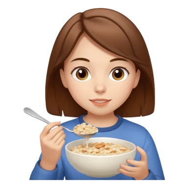 Girl eating oatmeal porridge and girl have brown hair sticker