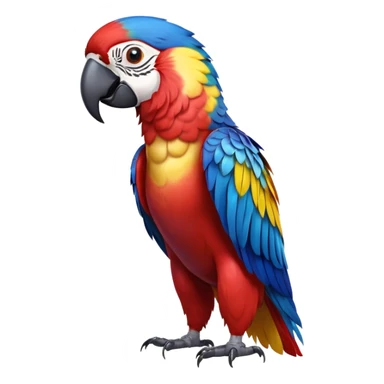 cinematic-macaw-realistic-full-body-standing-emoji,-vibrant-feathers-glowing-with-rich-reds,-blues,-and-yellows,-head-tilted-dramatically,-curved white-beak-gleaming,-piercing-dark-eyes-exuding-confidence,-simplified-yet-realistic-focused sticker