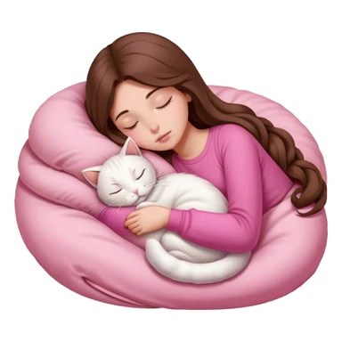 A pretty white girl with very long brown hair and pink clothing sleeping curled up to a white cat  sticker