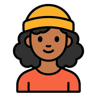 woman with dark curly hair and a beanie sticker