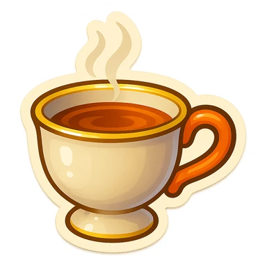 Hermès-style cup of tea, minimal design, Hermès orange handle, gold rim, cute emoji style, different lighting, on white or transparent background sticker