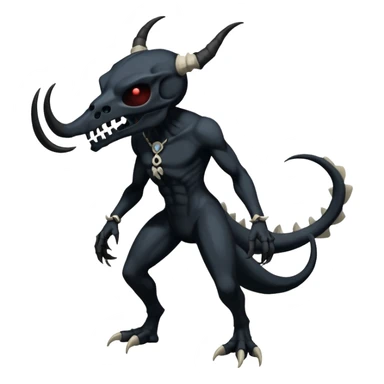 Shiny Dark Edgy  Duskull-Salandit-Inteleon-Fakémon-hybrid-creature (full body) with a horned animal-skull-mask sticker